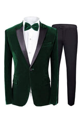 Deep Peaked Lapel Slim Fit Velvet Green Prom Suits For Men