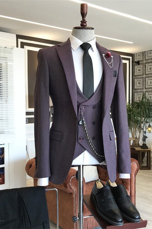 Deep Peaked Lapel Three Pieces Bespoke Purple Prom Suits
