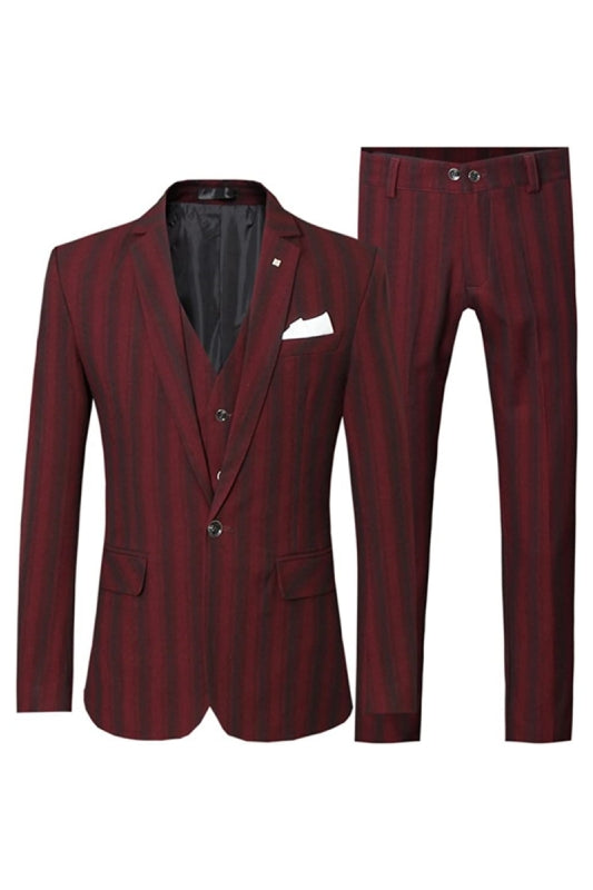Deep Notched Lapel Three Pieces Striped Red Prom Suits