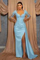 Deep V Neck Beads Long Sleeves Lace Appliques Pleated Prom Dress With Ruffles