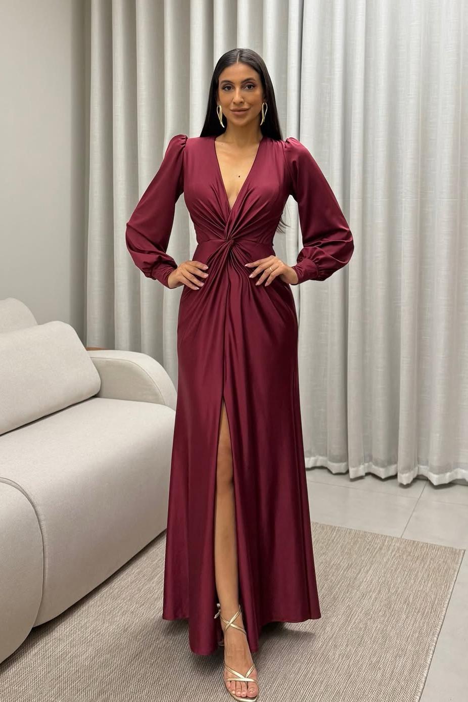 Deep V Neck Long Sleeves Long Prom Dress With Split Pleated