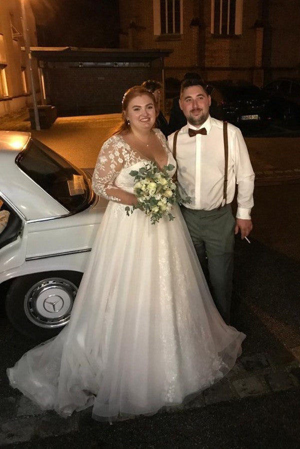 27DRESS Deep V-neck Long Sleeves Plus Size Ball Gown Wedding Dresses