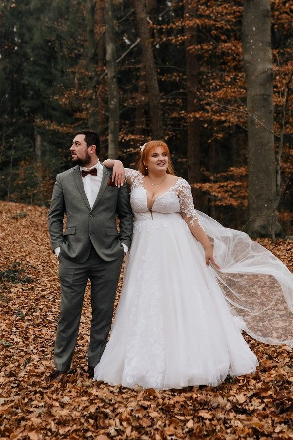 27DRESS Deep V-neck Long Sleeves Plus Size Ball Gown Wedding Dresses