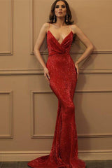Deep V Neck Sleeveless Long Mermaid Prom Dress Spaghetti Strap With Sequins