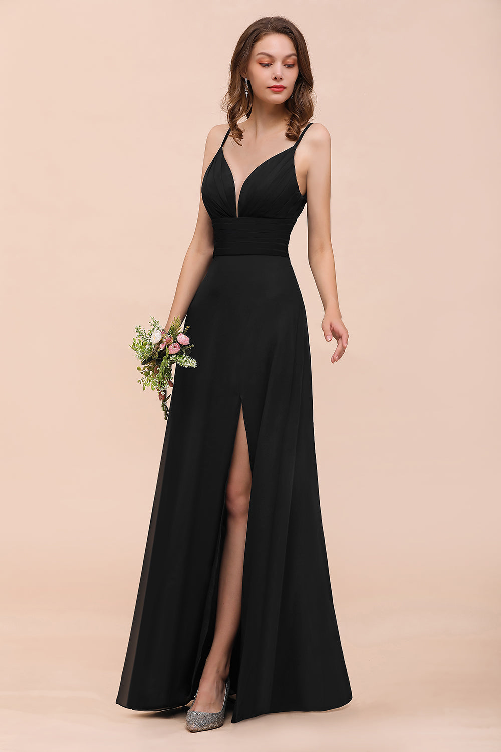 Load image into Gallery viewer, Deep V Neck Spaghetti Straps Slit Long Black Bridesmaid Dress-27dress
