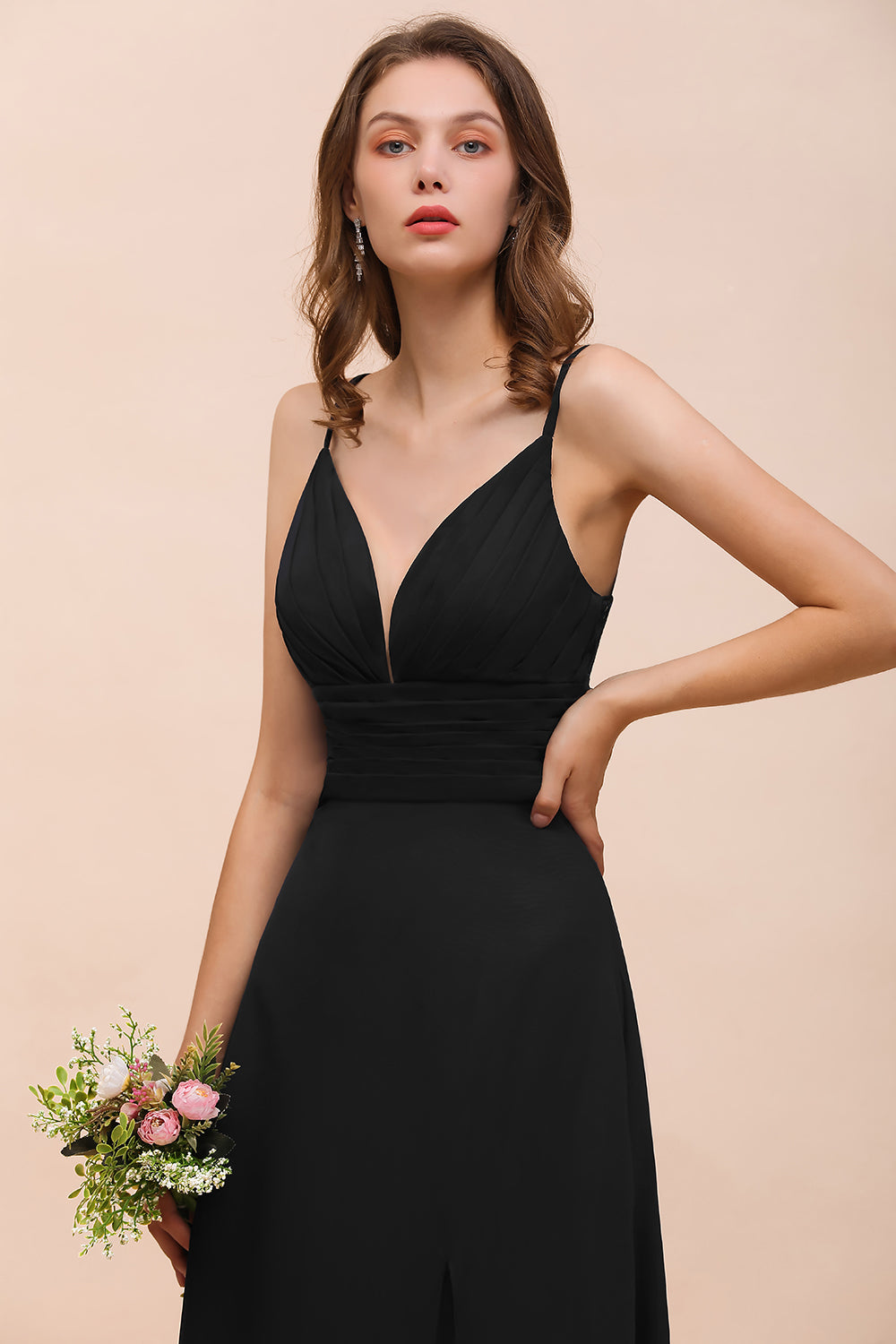 black spaghetti strap bridesmaid dress Asymmetrical Spaghetti Straps Pleats Black Wedding Guest Dress