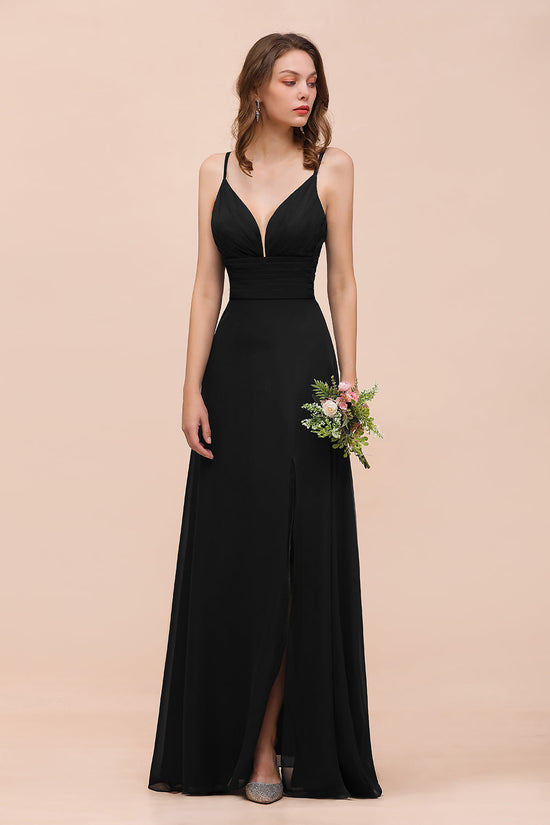 Load image into Gallery viewer, Deep V Neck Spaghetti Straps Slit Long Black Bridesmaid Dress-27dress
