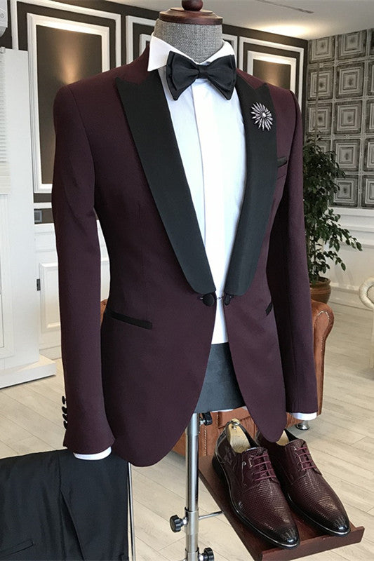 Deep Wine Peaked Lapel Two Pieces Slim Suits For Wedding
