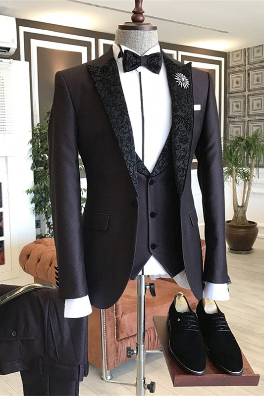 Deep Wine Three Pieces Wedding Suits With Black Jacquard Peaked Lapel
