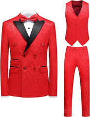 Double Breasted Three Pieces Jacquard Red Prom Suits