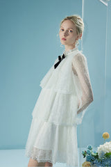 Elegant Long Illusion Sleeves Short Ruffles Dresses with Bow