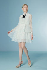 Elegant Long Illusion Sleeves Short Ruffles Dresses with Bow