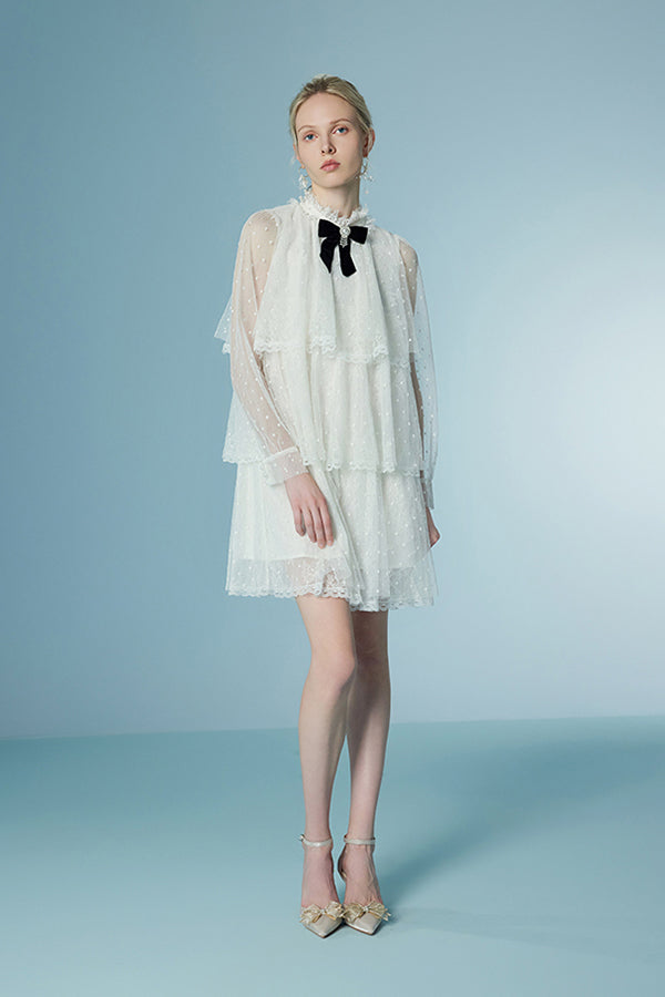 Elegant Long Illusion Sleeves Short Ruffles Dresses with Bow