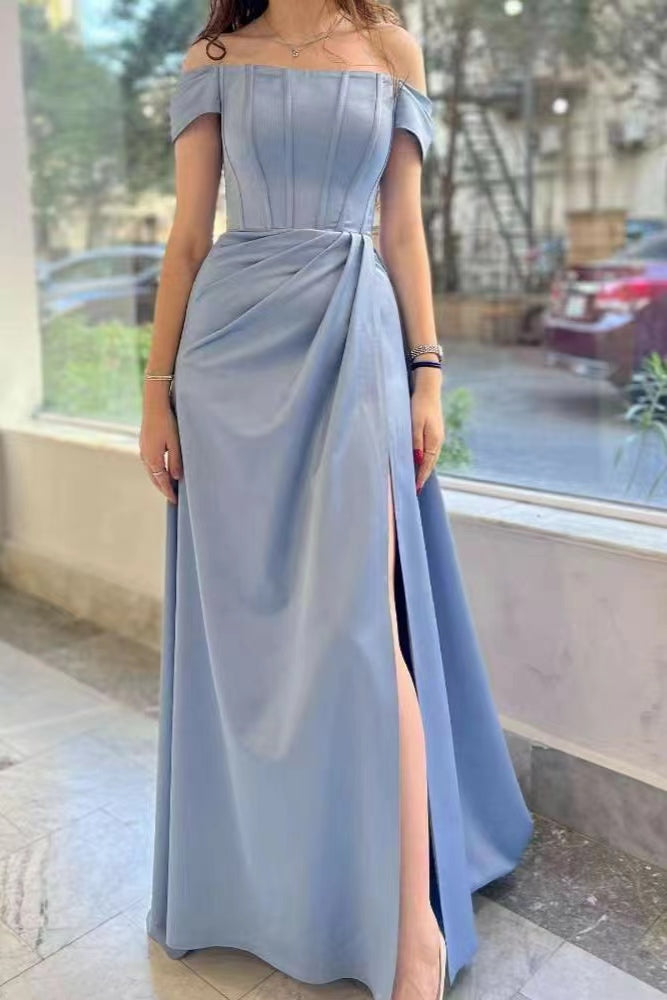 Dusty Blue Gorgeous Off the Shoulder Split Prom Dress With Pleated