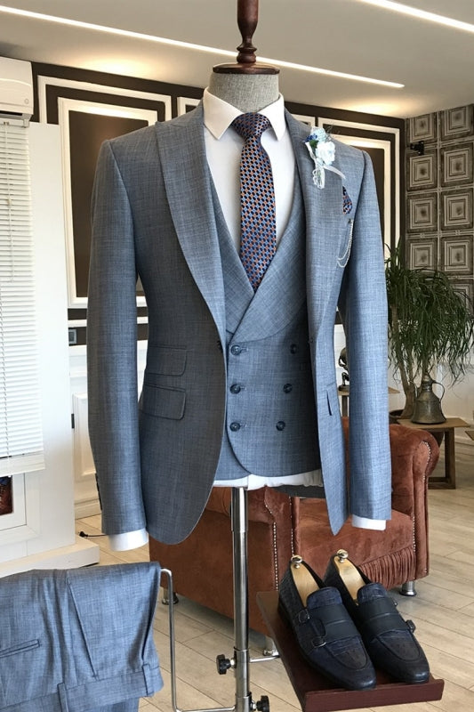 Dusty Peaked Lapel Three Pieces Bespoke Blue Business Suits