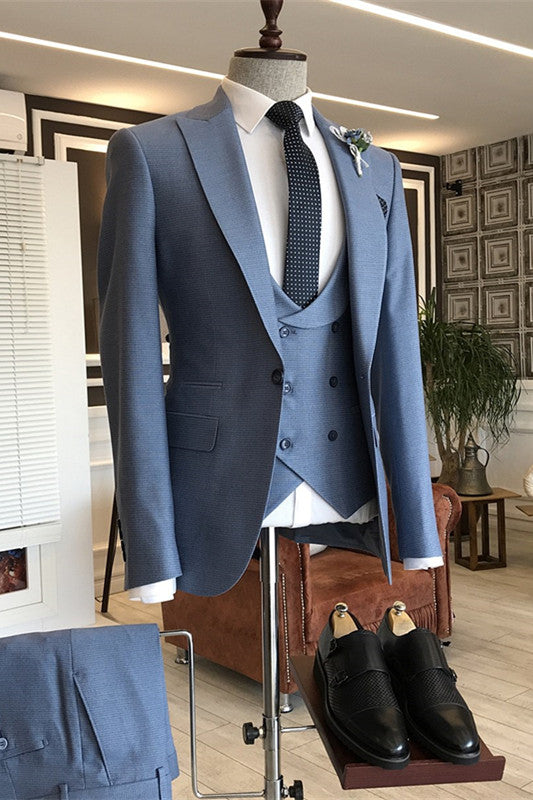 Dusty Blue Peaked Lapel Three Pieces Men Suits For Business