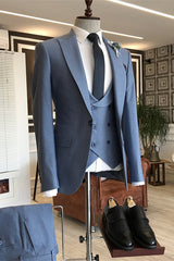 Dusty Blue Peaked Lapel Three Pieces Men Suits For Business