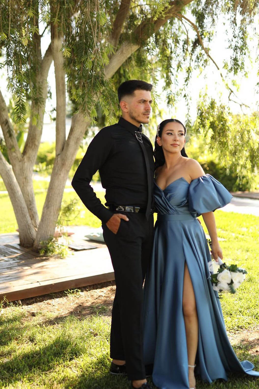 Dusty Blue A-Line Sweetheart Prom Dress with Puff Sleeves