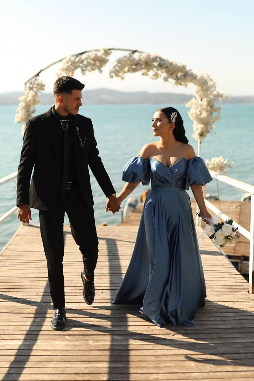 Dusty Blue Long A-line Sweetheart Off-the-Shoulder Puff Sleeve Evening 27dress Dusty Blue Long A-line Sweetheart Off-the-Shoulder Puff Sleeve Evening 27dress