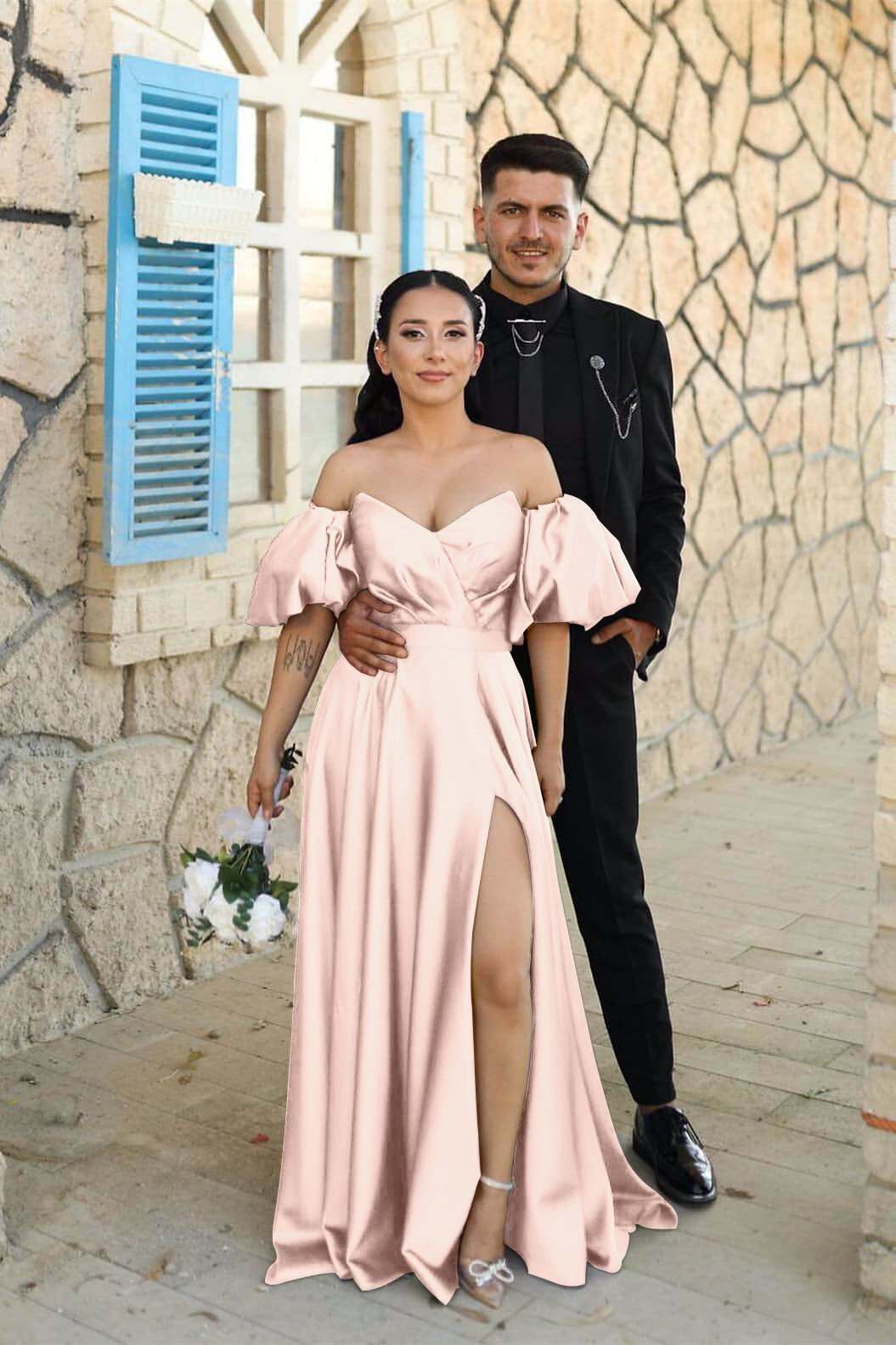 Dusty Blue Long A-line Sweetheart Off-the-Shoulder Puff Sleeve Evening 27dress Dusty Blue Long A-line Sweetheart Off-the-Shoulder Puff Sleeve Evening 27dress