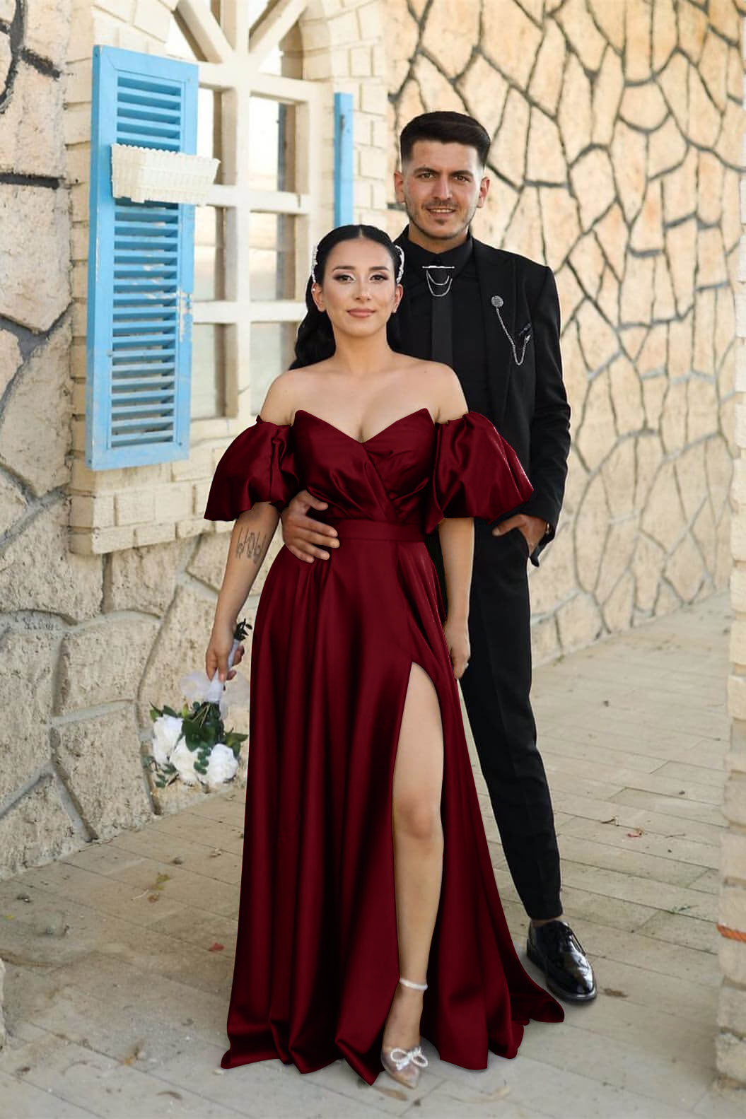 Dusty Blue Long A-line Sweetheart Off-the-Shoulder Puff Sleeve Evening 27dress Dusty Blue Long A-line Sweetheart Off-the-Shoulder Puff Sleeve Evening 27dress