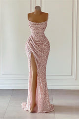 Dusty Pink Sleeveless Mermaid Prom Dress Long Split With Sequins