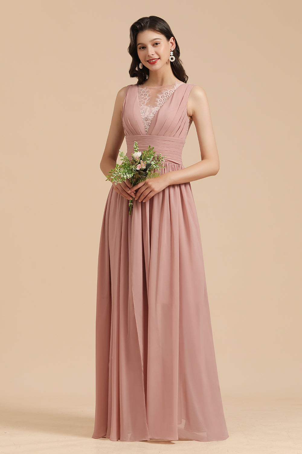 Dusty Rose Chiffon V-Neck Bridesmaid Dress Long-27dress