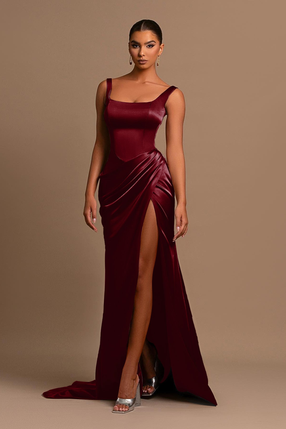Dusty Rose Spaghetti Strap Square Neck Sleeveless Mermaid Prom Dress With Split