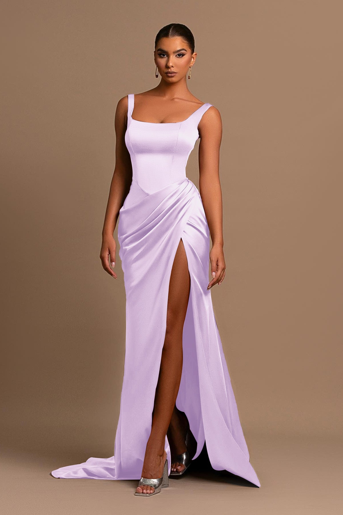 Dusty Rose Spaghetti Strap Square Neck Sleeveless Mermaid Prom Dress With Split