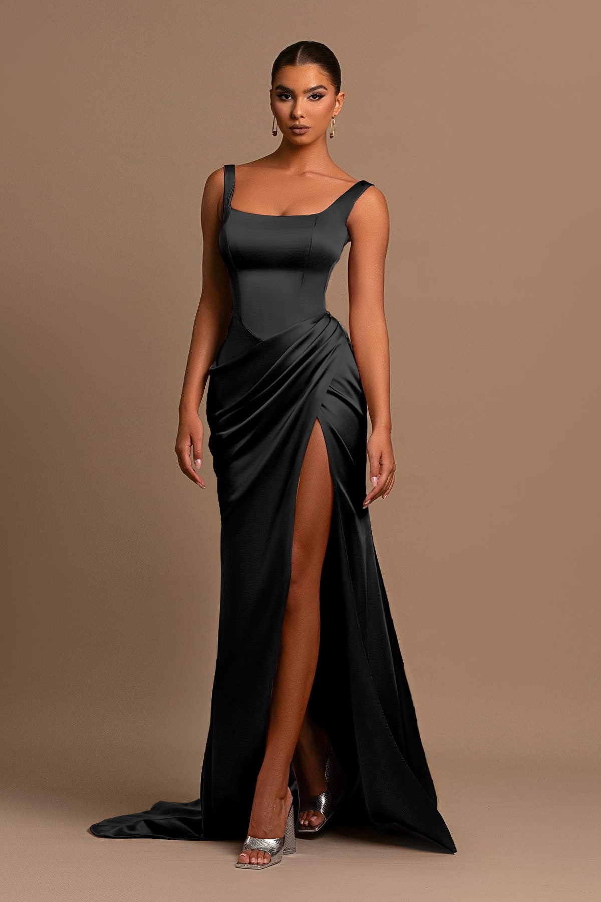 Dusty Rose Spaghetti Strap Square Neck Sleeveless Mermaid Prom Dress With Split