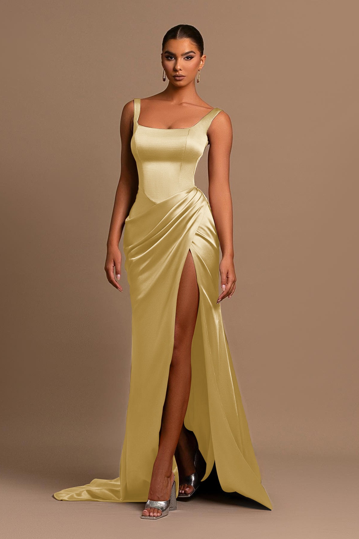 Dusty Rose Spaghetti Strap Square Neck Sleeveless Mermaid Prom Dress With Split