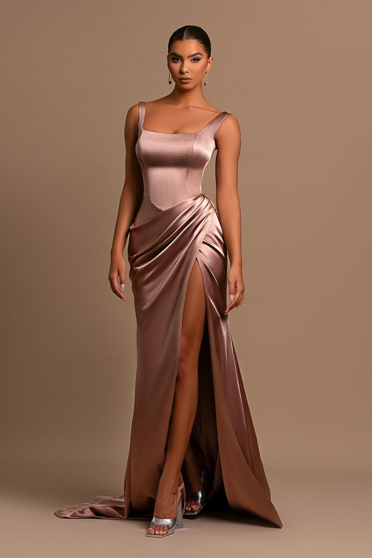 Dusty Rose Spaghetti Strap Square Neck Sleeveless Mermaid Prom Dress With Split