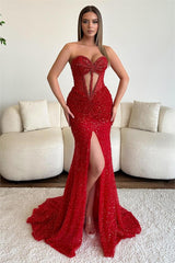 Dusty Rose Sweetheart Sleeveless Strapless Long Split Prom Dress With Beading