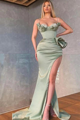 Dusty Sage Spaghetti Strap Prom Dress Mermaid Split With Beadings Ruffles