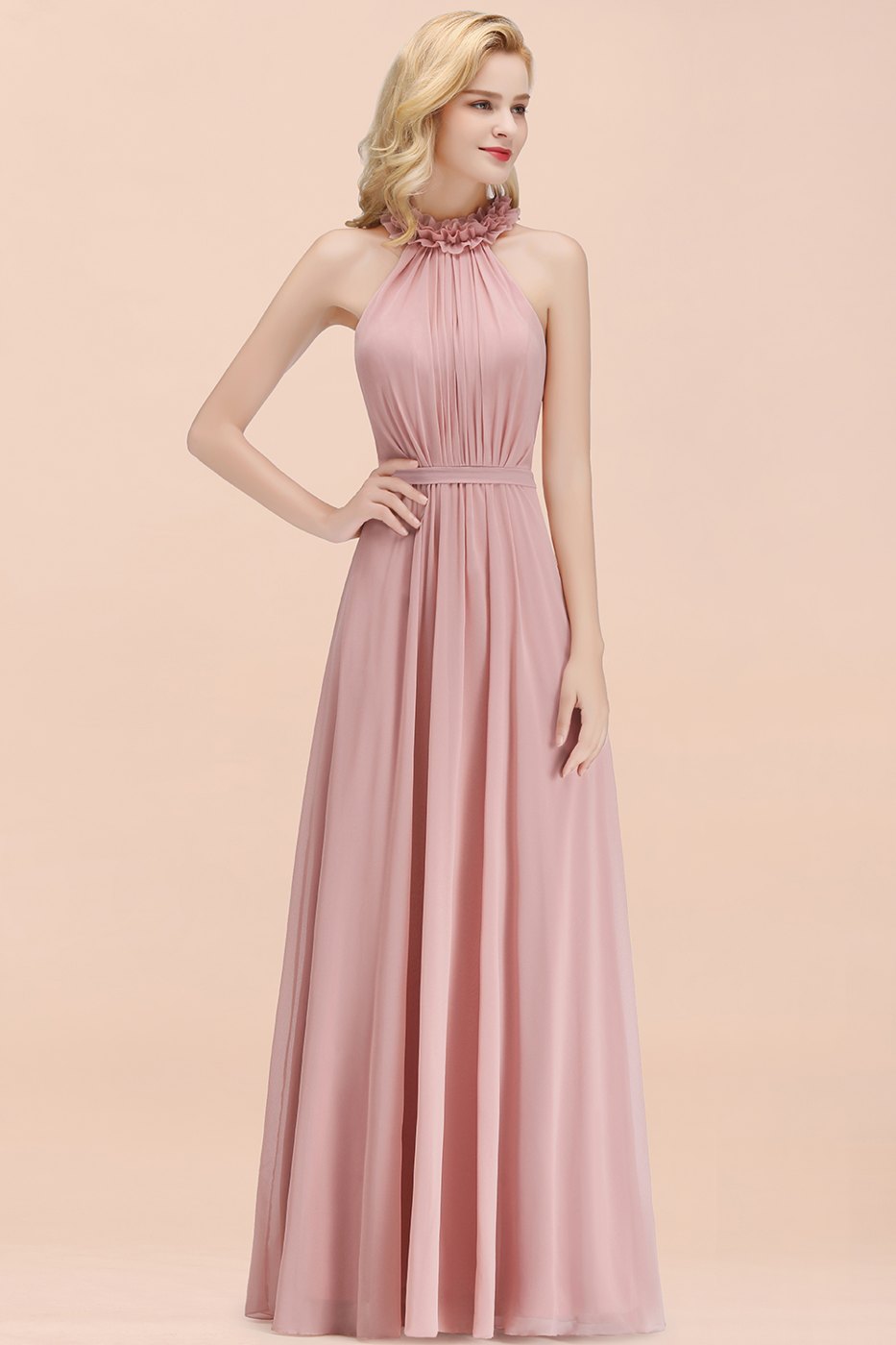 Dusty Rose Halter Chiffon A-Line Bridesmaid Dress