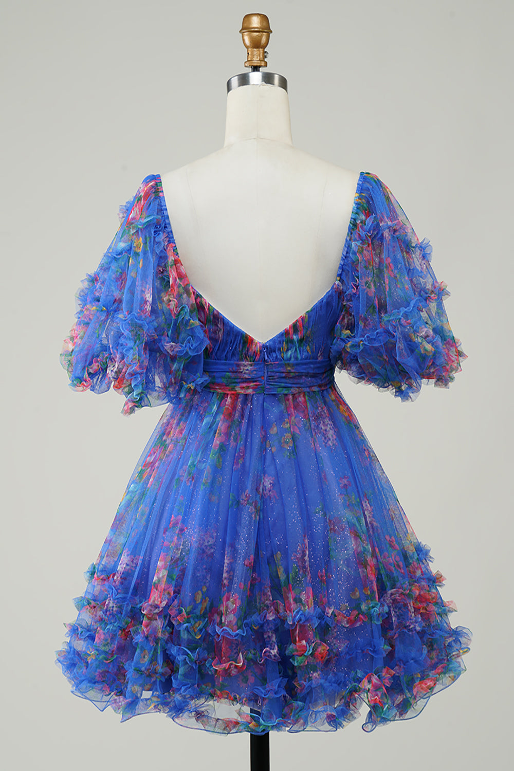 Fuchsia Puff Sleeves A-Line Floral Short Homecoming Dress with Ruffles