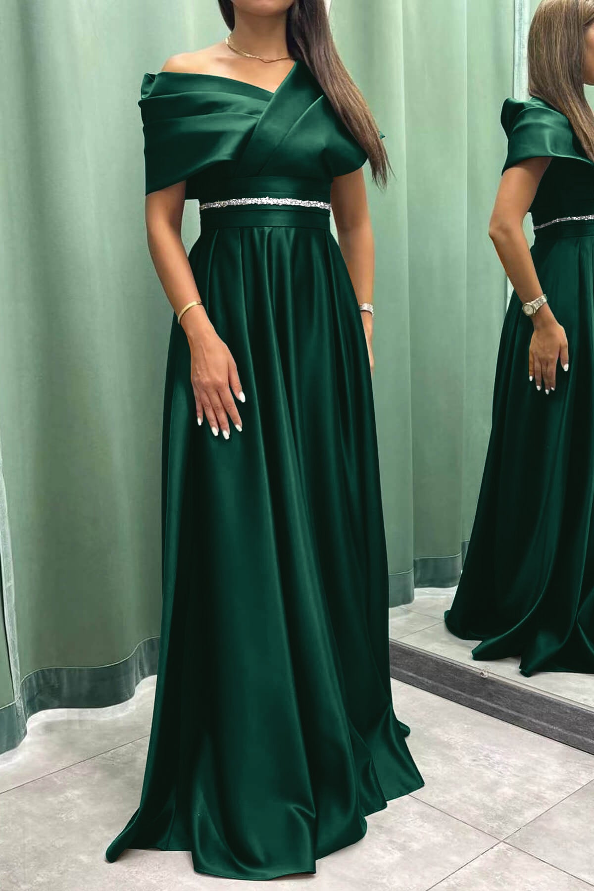 Elegant Off-the-Shoulder Long Pleated Evening Dress On Sale