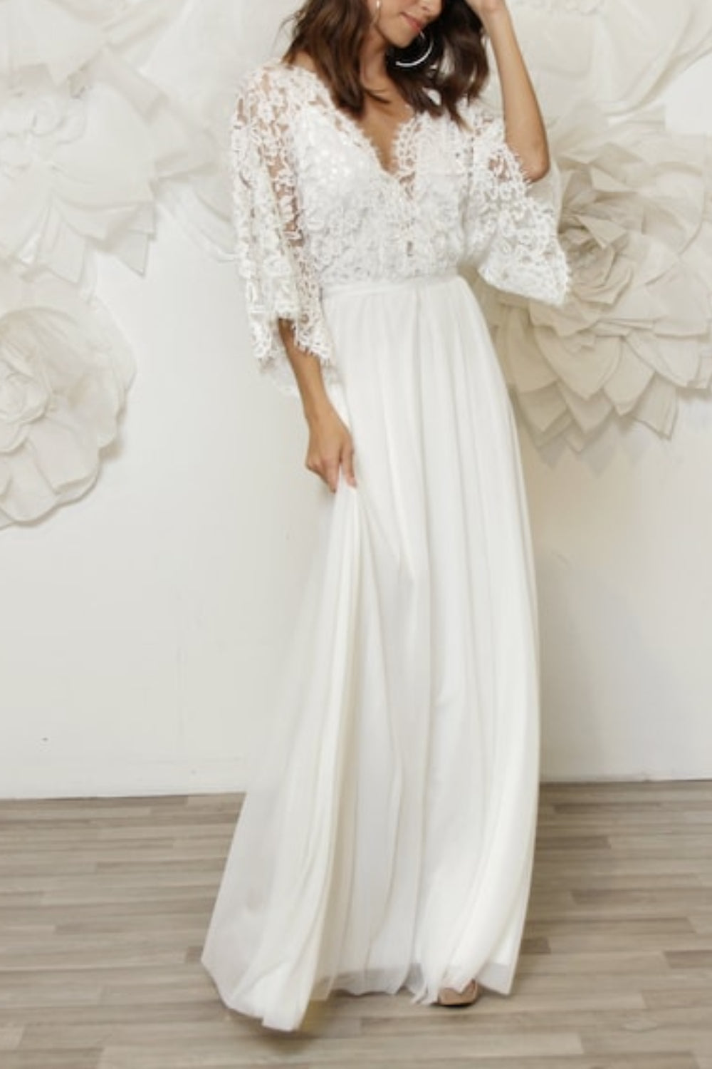 Effortlessly Long Lace Wedding Dress with Butterfly Sleeves From 27dress