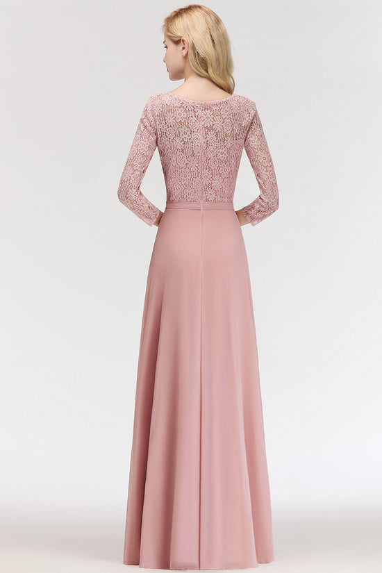 Elegant 3/4 Sleeves Lace Long Dusty Rose Bridesmaid Dresses Online-27dress
