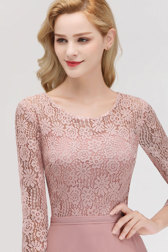 Elegant 3/4 Sleeves Lace Long Dusty Rose Bridesmaid Dresses Online-27dress