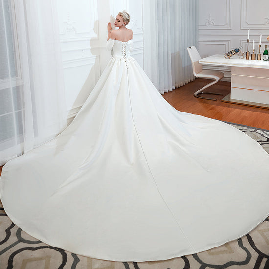 Elegant 3/4 Sleeves Princess Satin Wedding Dress Online-27dress