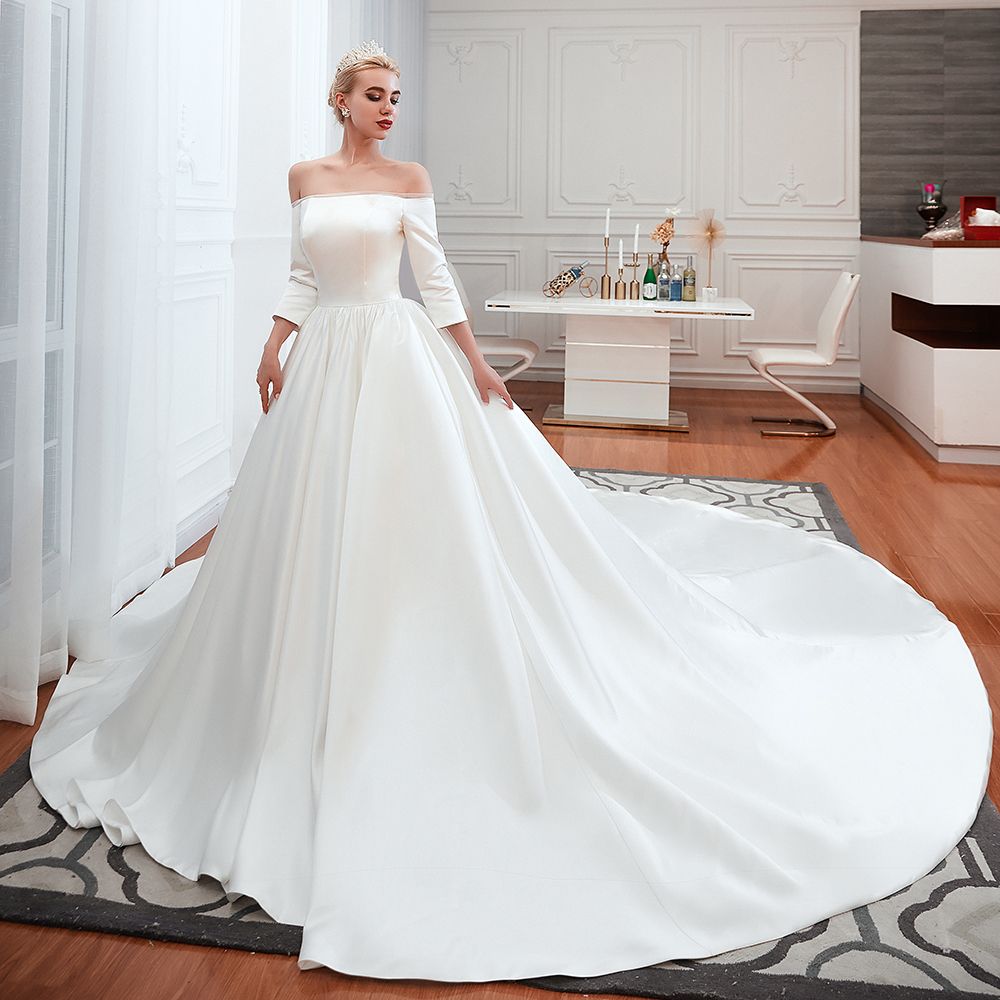Elegant 3/4 Sleeves Princess Satin Wedding Dress Online-27dress