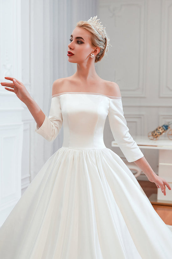 Elegant 3/4 Sleeves Princess Satin Wedding Dress Online-27dress