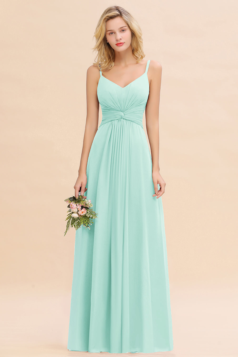 Elegant A-line Chiffon Spaghetti Straps Long Bridesmaid Dress with Ruffles-27Dress