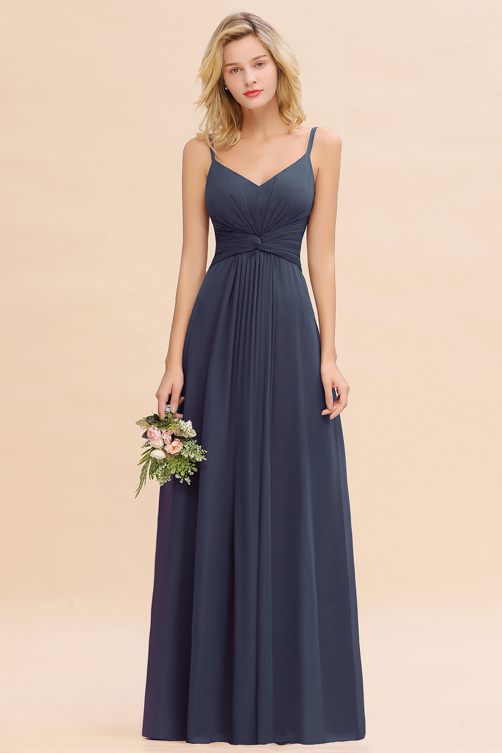 Elegant A-line Chiffon Spaghetti Straps Long Bridesmaid Dress with Ruffles-27Dress