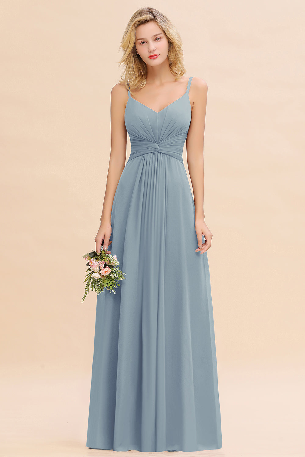 Elegant A-line Chiffon Spaghetti Straps Long Bridesmaid Dress with Ruffles-27Dress