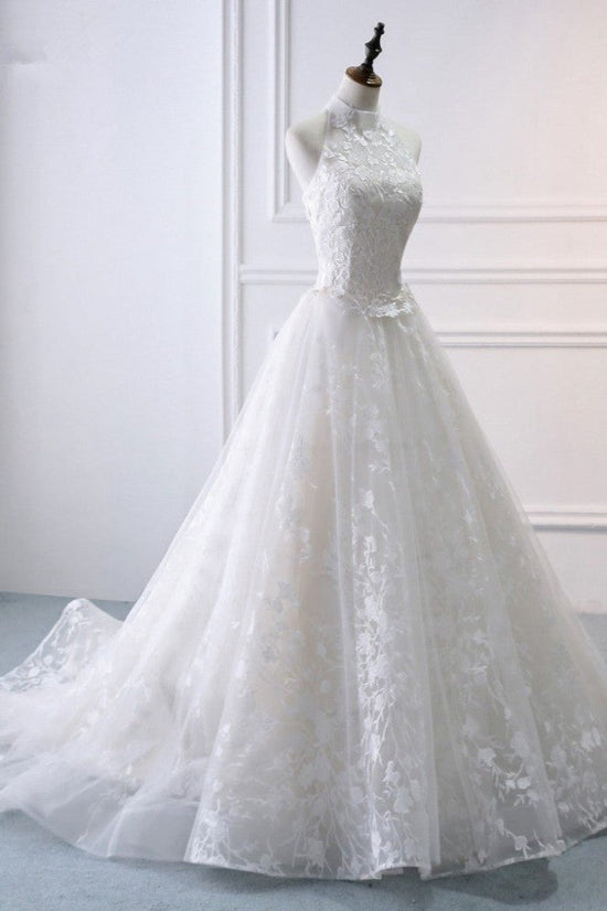 Elegant A-Line Halter Tulle White Wedding Dress Sleeveless Appliques Bridal Gowns On Sale-27dress