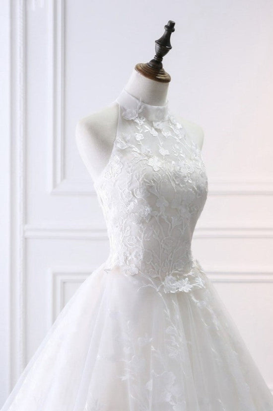 Elegant A-Line Halter Tulle White Wedding Dress Sleeveless Appliques Bridal Gowns On Sale-27dress