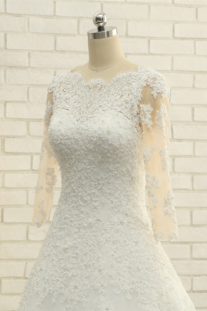 Elegant A-Line Jewel White Tulle Lace Wedding Dress 3/4 Sleeves Appliques Bridal Gowns with Pearls-27dress