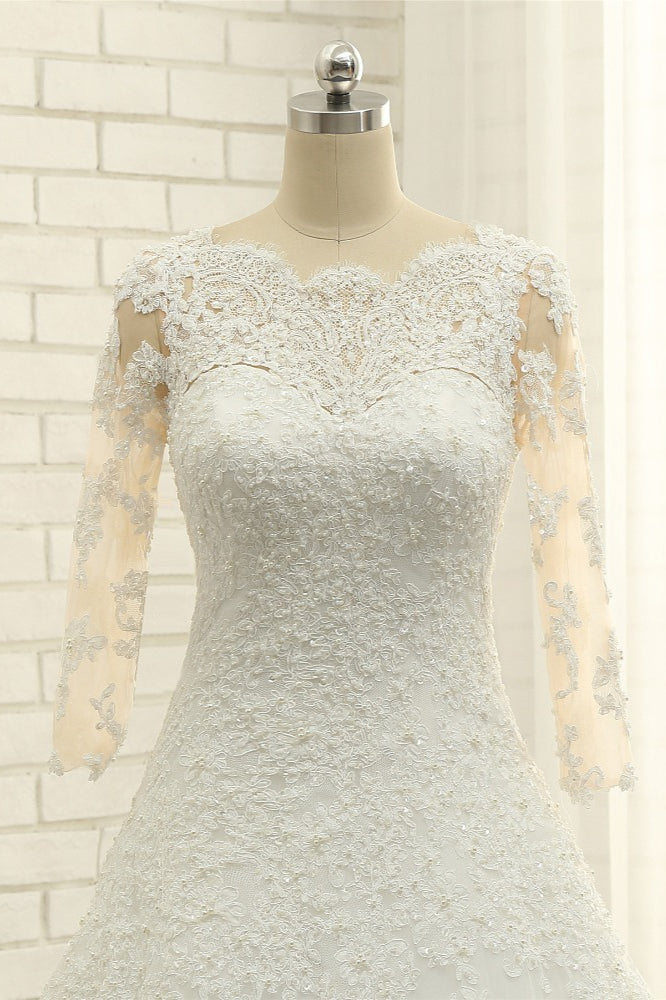 Elegant A-Line Jewel White Tulle Lace Wedding Dress 3/4 Sleeves Appliques Bridal Gowns with Pearls-27dress